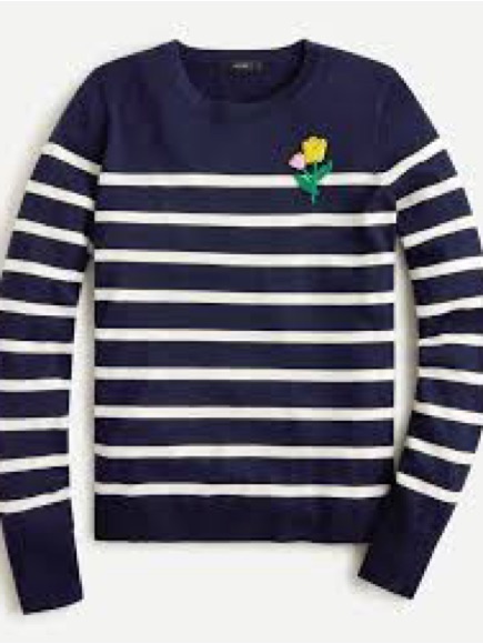 J. Crew Margot Navy White Striped Crewneck Sweater Floral Patch Mariniere Breton